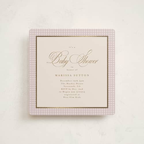 This is a lilac foil stamped baby shower invitations with foil pressed by Tamara Hilje called eleganza printing on signature in standard