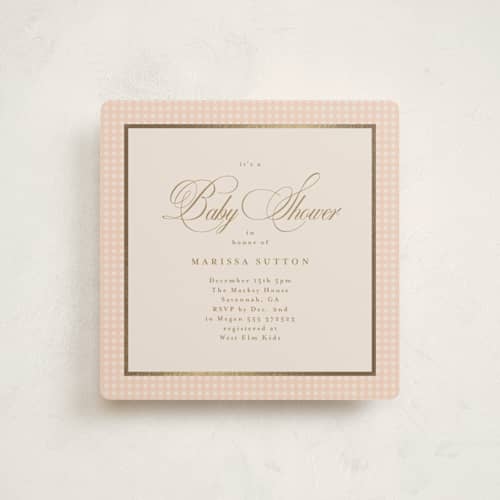 This is a peach foil stamped baby shower invitations with foil pressed by Tamara Hilje called eleganza printing on signature in standard