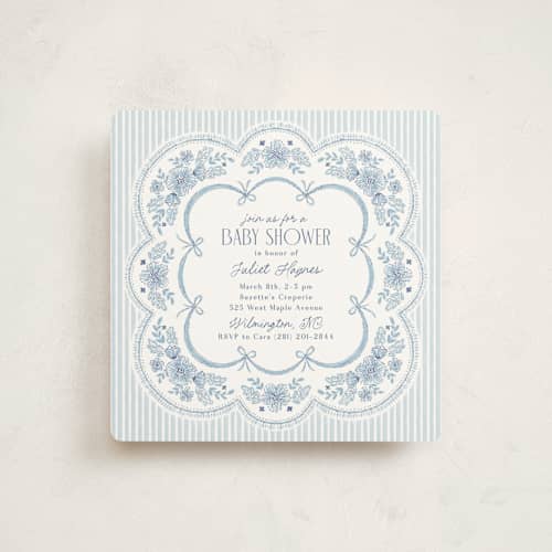 This is a cornflower baby shower invitations with standard by Laura Hankins called handkerchief printing on signature in standard