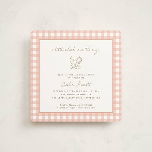 This is a blush baby shower invitations with standard by Lucrecia Caporale called little chicks on the way printing on signature in standard