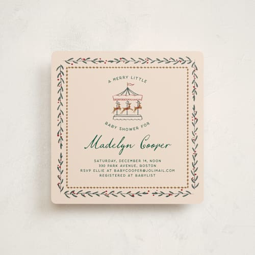 This is a almond milk baby shower invitations with standard by Leia Matt called winter deer carousel printing on signature in standard