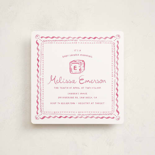 This is a blush baby shower invitations with standard by Claudia Orengo called letter box printing on signature in standard