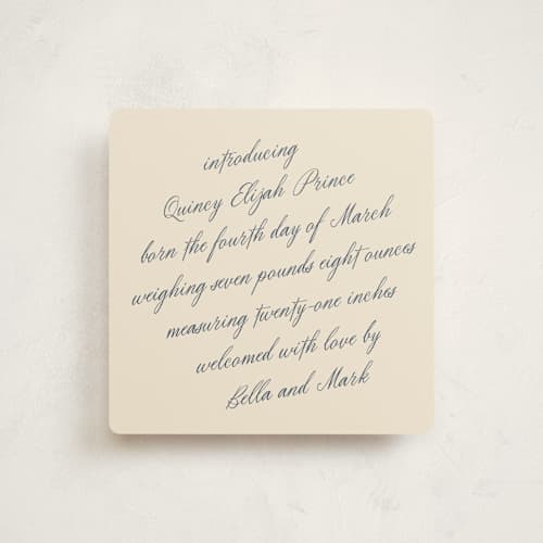 This is a sail birth announcements with standard by Kamala Nahas called minimal script printing on signature in standard