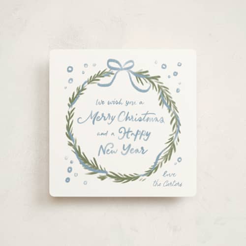 This is a blue spruce non photo holiday cards with standard by Creo Study called handmade wreath printing on signature in standard
