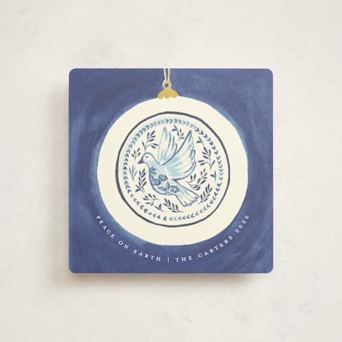 This is a wintermint holiday photo cards with standard by Teju Reval called dove ornament printing on signature in square