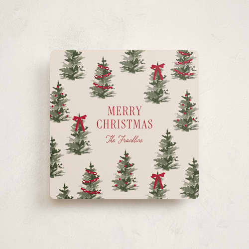 This is a cranberry holiday photo cards with standard by Angela Garrick called christmas forest printing on signature in square