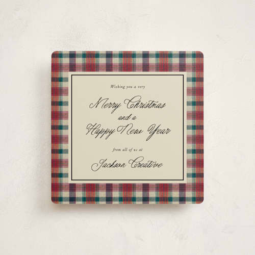 This is a tartan holiday photo cards with standard by Maja Cunningham called vintage plaid printing on signature in square