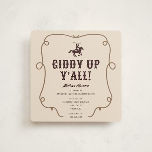 This is a chardonnay party invitations with standard by Sherley Ferreira called giddy up, y'all! printing on signature in standard