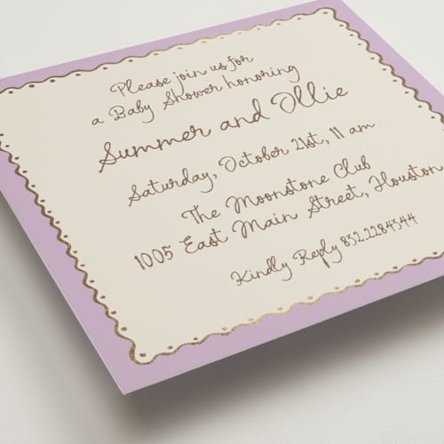 This is a lavender foil stamped baby shower invitations with foil pressed by Pati Cascino called sugar printing on signature in standard