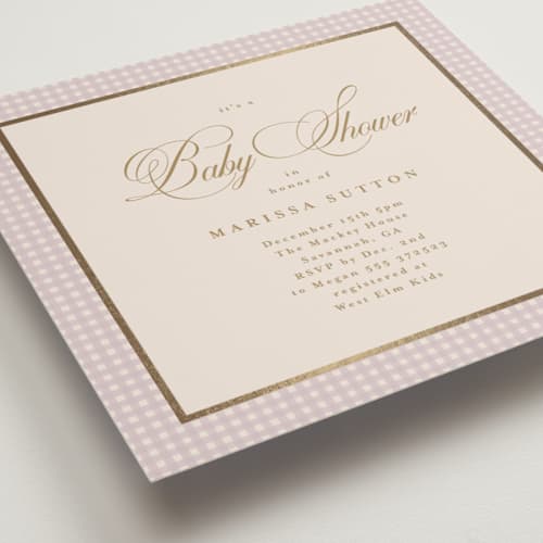 This is a lilac foil stamped baby shower invitations with foil pressed by Tamara Hilje called eleganza printing on signature in standard
