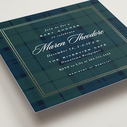 This is a tartan foil stamped baby shower invitations with foil pressed by Lea Delaveris called prep printing on signature in standard