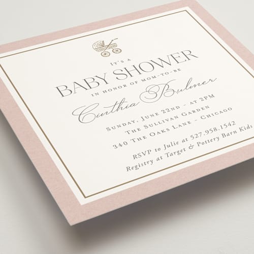 This is a rose baby shower invitations with standard by Lucrecia Caporale called the little heirloom printing on signature in standard