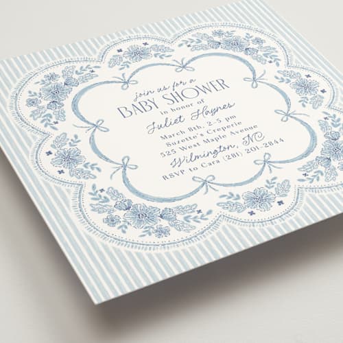 This is a cornflower baby shower invitations with standard by Laura Hankins called handkerchief printing on signature in standard
