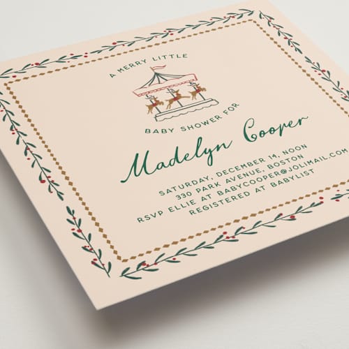 This is a almond milk baby shower invitations with standard by Leia Matt called winter deer carousel printing on signature in standard