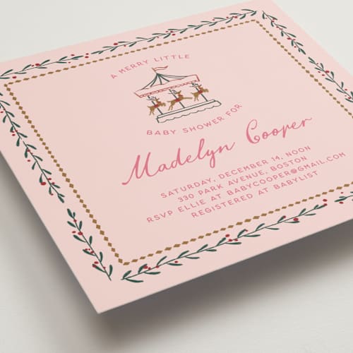 This is a sugar plum baby shower invitations with standard by Leia Matt called winter deer carousel printing on signature in standard