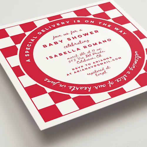 This is a marinara baby shower invitations with standard by Madhvi Samimi called special delivery pizza printing on signature in standard