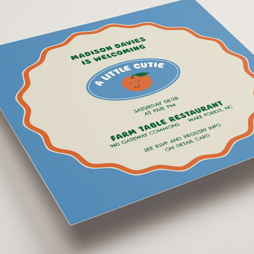 This is a aqua baby shower invitations with standard by Studio Suku called little cutie sticker printing on signature in standard
