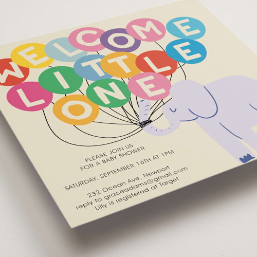 This is a cream baby shower invitations with standard by Harriet Richter called elephant parade printing on signature in standard