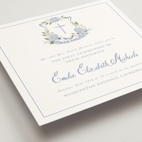 This is a periwinkle communion invitations announcements with standard by Design Lotus called sweethearts printing on signature in standard