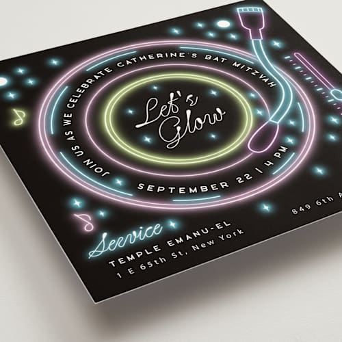 This is a midnight bar mitzvah bat mitzvah invitations with standard by Ana de Sousa called neon spin printing on signature in standard