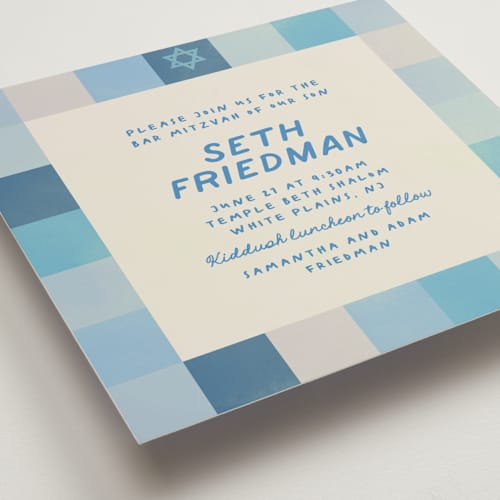 This is a sky bar mitzvah bat mitzvah invitations with standard by Creo Study called checkered mitzvah printing on signature in standard