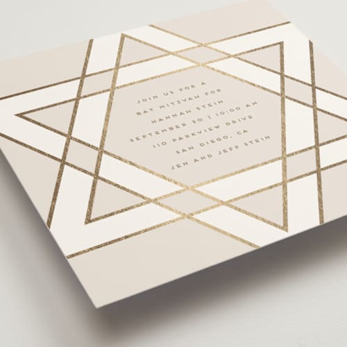 This is a cream bar mitzvah bat mitzvah invitations with foil pressed by Stacy Maalouf called square star of david printing on signature in standard