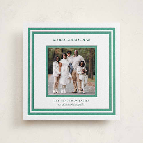 This is a evergreen photo mount holiday cards with letterpress by Megan Davis called roma printing on white cotton in photo_mount