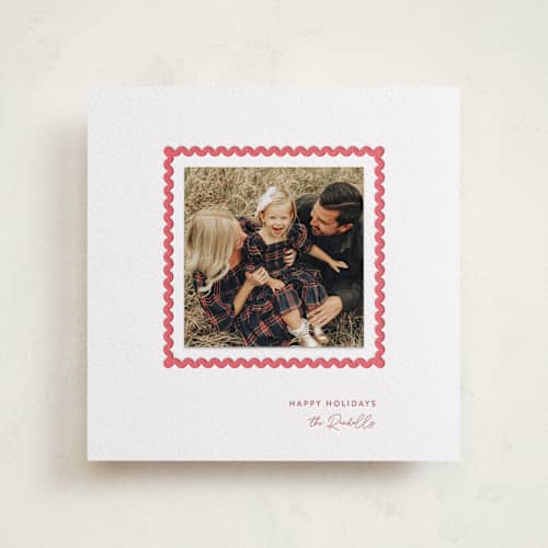 This is a ruby photo mount holiday cards with letterpress by mo kelley called rick rack frame printing on white cotton in photo_mount