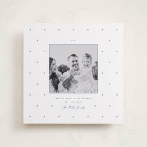 This is a robin's egg photo mount holiday cards with letterpress by Blustery August called swiss dot printing on white cotton in photo_mount