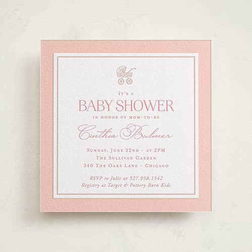 This is a grapefruit baby shower invitations with letterpress by Lucrecia Caporale called the little heirloom printing on white cotton in standard