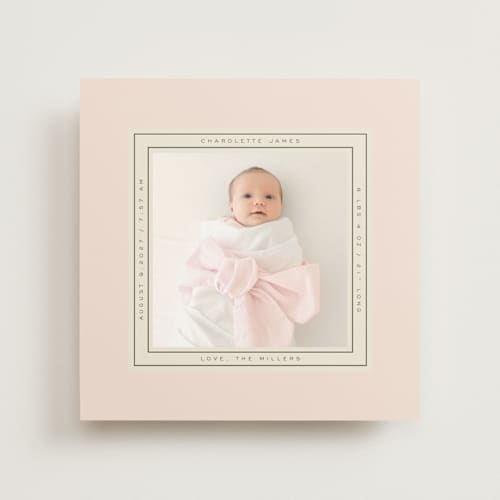 This is a blush birth announcements with standard by Baumbirdy called ribbon frame printing on doublethick in photo_mount