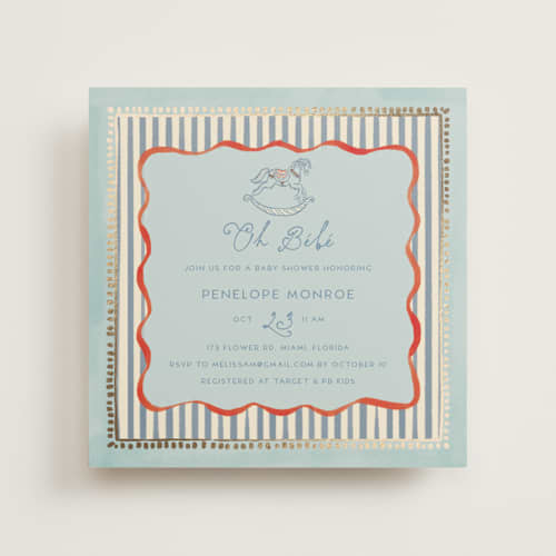 This is a powder foil stamped baby shower invitations with foil pressed by Vera Lim called vintage horse printing on signature in standard