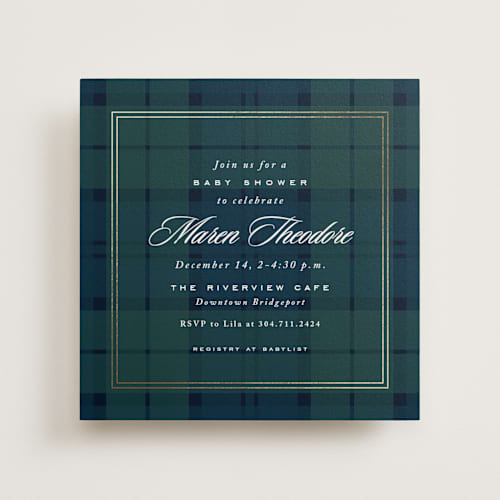 This is a tartan foil stamped baby shower invitations with foil pressed by Lea Delaveris called prep printing on signature in standard