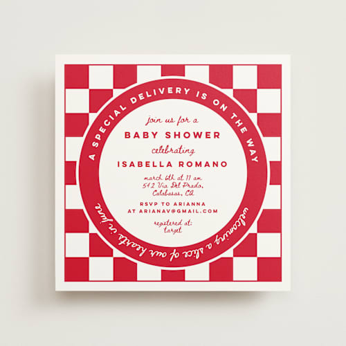 This is a marinara baby shower invitations with standard by Madhvi Samimi called special delivery pizza printing on signature in standard