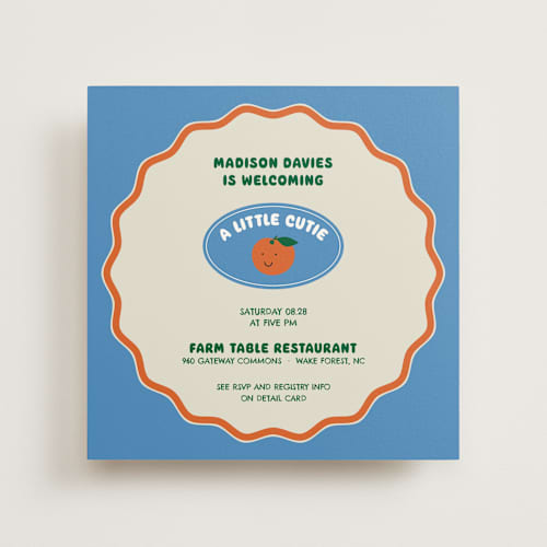 This is a aqua baby shower invitations with standard by Studio Suku called little cutie sticker printing on signature in standard