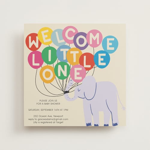 This is a cream baby shower invitations with standard by Harriet Richter called elephant parade printing on signature in standard