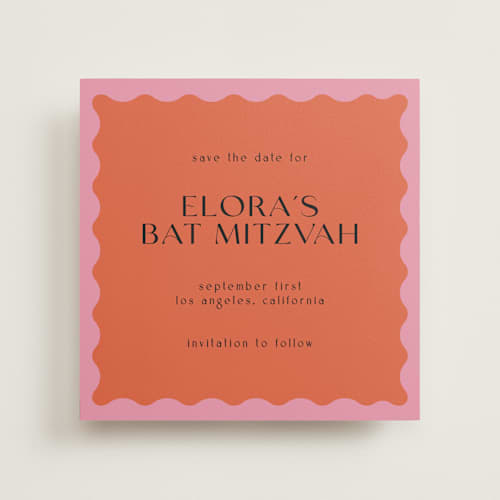 This is a lollypop bar and bat mitzvah save the date with standard by Pati Cascino called scallop printing on signature in standard