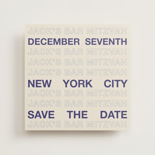 This is a cream bar and bat mitzvah save the date with standard by Cleghorn Creative called be there or be square - save the date printing on signature in standard