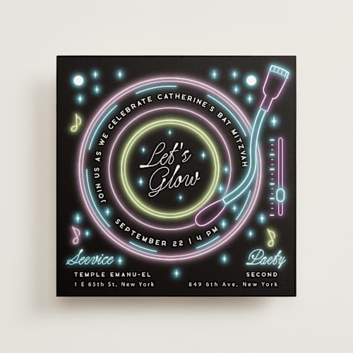 This is a midnight bar mitzvah bat mitzvah invitations with standard by Ana de Sousa called neon spin printing on signature in standard