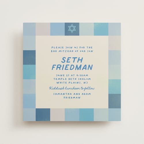This is a sky bar mitzvah bat mitzvah invitations with standard by Creo Study called checkered mitzvah printing on signature in standard