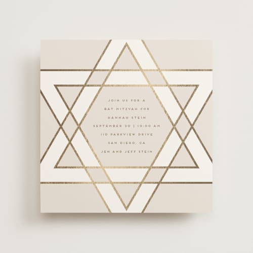 This is a cream bar mitzvah bat mitzvah invitations with foil pressed by Stacy Maalouf called square star of david printing on signature in standard