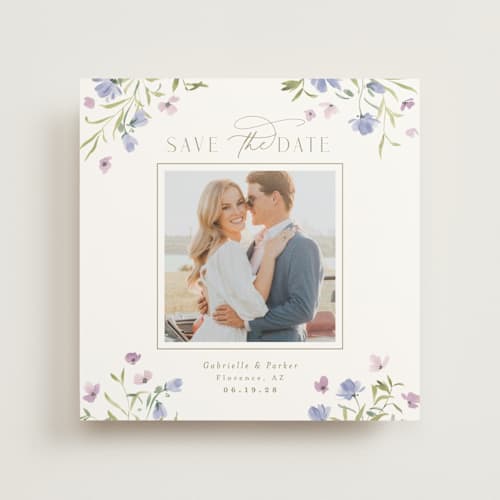 This is a wisteria save the date with standard by Everett Paper Goods called sweeping meadow printing on doublethick in photo_mount