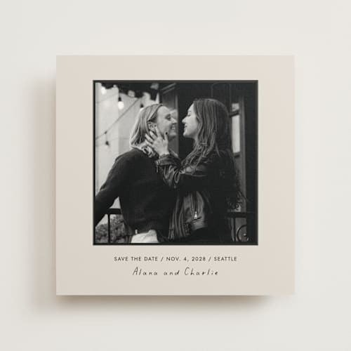 This is a cream save the date with standard by Cindy Reynolds called casual photo printing on doublethick in photo_mount