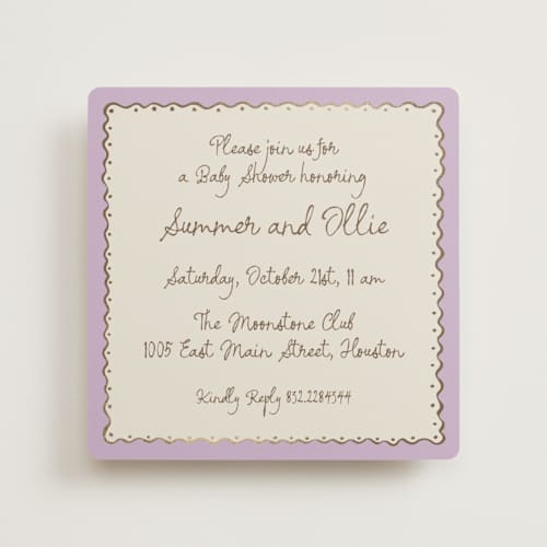This is a lavender foil stamped baby shower invitations with foil pressed by Pati Cascino called sugar printing on signature in standard