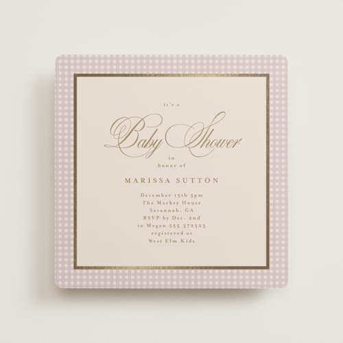 This is a lilac foil stamped baby shower invitations with foil pressed by Tamara Hilje called eleganza printing on signature in standard