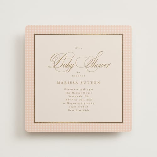This is a peach foil stamped baby shower invitations with foil pressed by Tamara Hilje called eleganza printing on signature in standard