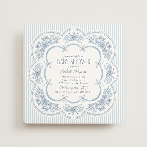 This is a cornflower baby shower invitations with standard by Laura Hankins called handkerchief printing on signature in standard