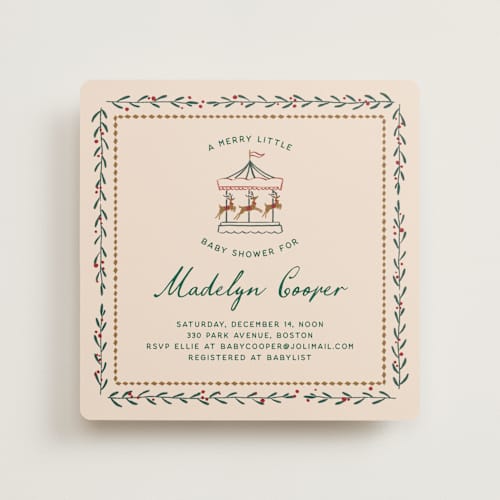 This is a almond milk baby shower invitations with standard by Leia Matt called winter deer carousel printing on signature in standard