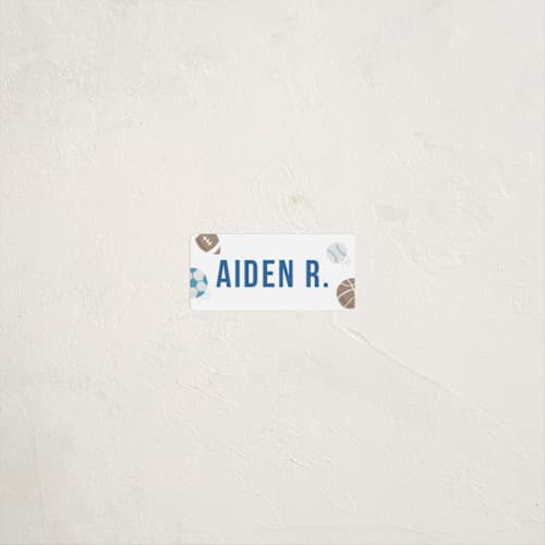 This is a indigo name labels with standard by Jessie Steury called ballgame printing on waterproof sticker paper in sticker