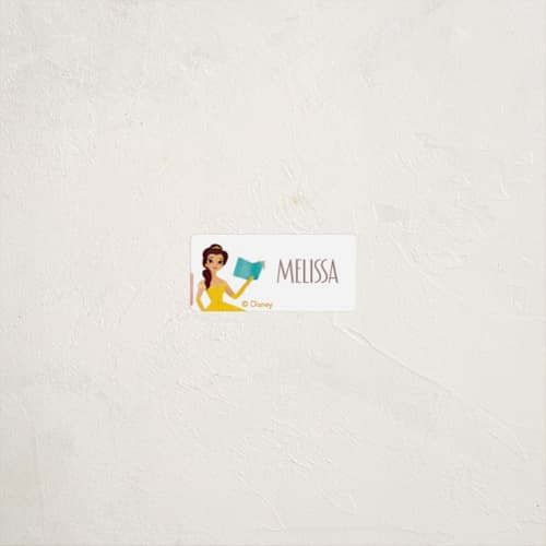 This is a daisy name labels with standard by Lori Wemple called storytime with belle from disney's beauty and the beast printing on waterproof sticker paper in sticker